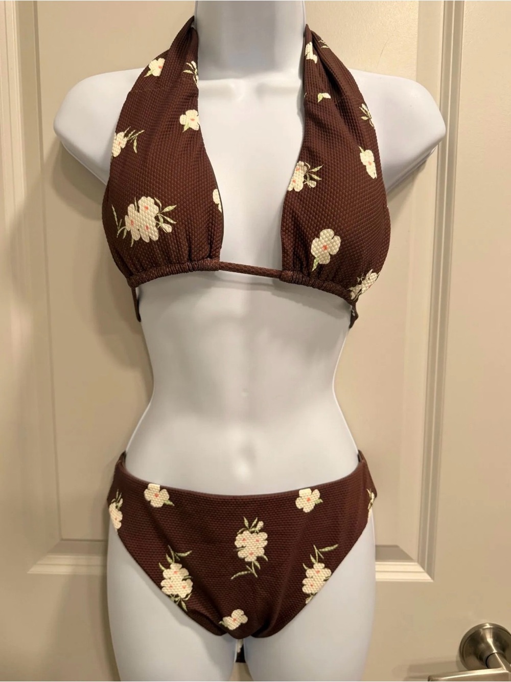 Dippin Daisys Floral Textured Bikini — Brown Halter Top (L) + Bottoms (M)